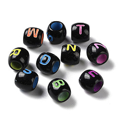 Mixed Color Spray Printed Opaque Acrylic European Beads, Large Hole Beads, Barrel with Letter, Mixed Color, 9x8mm, Hole: 5mm, about 1500pcs/500g