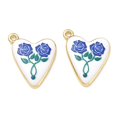Blue Printed Brass Pendants, Heart & Rose Pattern Charms, Rack Plating, Long-Lasting Plated, Lead Free & Cadmium Free, Real 18K Gold Plated, Blue, 21.5x18x3.5mm, Hole: 1.5mm
