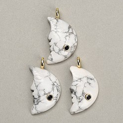 Howlite Natural Howlite Pendants, Moon Charms, with Brass Pave Cubic Zirconia Findings, Golden, 40~42x22~24x7~8mm, Hole: 4.5mm