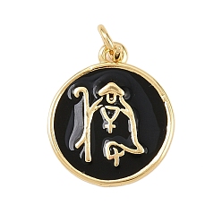 Черный Латунь эмаль подвески, с целью перехода в кольце, плоский круглый с религиозными амулетами, без свинца и без кадмия, долговечный, реальный 18 k позолоченный, стойки покрытие, чёрные, 16.5x14x1.5 мм, отверстие : 2.5 мм