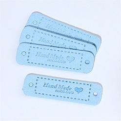 Light Sky Blue Imitation Leather Label Tags, with Holes & Word Hand Made with love, for DIY Jeans, Bags, Shoes, Hat Accessories, Rounded Rectangle, Light Sky Blue, 15x55mm