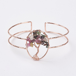 Tourmaline Natural Tourmaline Chip Bead Cuff Bangles, with Rose Gold Tone Brass Findings, (2 inchx2-1/4 inch~2-3/8 inch)50x58~62mm
