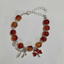 Платина Браслеты с подвесками в виде клевера, листьев и банта из сплава и эмали, браслеты из круглых бусин из стекла с трещинами для женщин, платина, 6-3/4 дюйм (17 см)