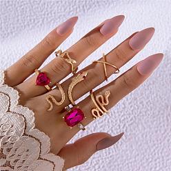 22478-gold Stunning 6-Piece Set: Snake Cross Ring & Heart Square Diamond Rings with Ruby Inlay