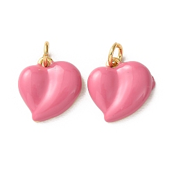 Pink Латунь эмаль подвески, сердце прелести, долговечный, реальный 18 k позолоченный, стойки покрытие, без свинца и без кадмия, розовые, 13.8x13x3 мм, отверстие : 3.5 мм