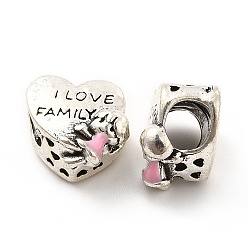 Antique Silver Rack Plating Alloy Enamel European Beads, Large Hole Beads, Heart with Girl & Word I Love Family, Antique Silver, 12x12x9mm, Hole: 5mm