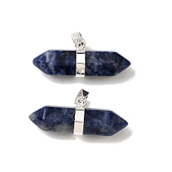 Содалитовое Двойные заостренные подвески из натурального содалита, граненые брелоки в форме пули с латунными застежками на дужках, стойки покрытие, серебряные, 12.5x32~32.5x9.5 мм, отверстие : 6x4.5 мм