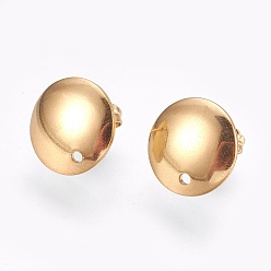 Golden Ion Plating(IP) 304 Stainless Steel Stud Earring Findings, Flat Round, Golden, 12mm, 13x2mm, pin: 0.8mm