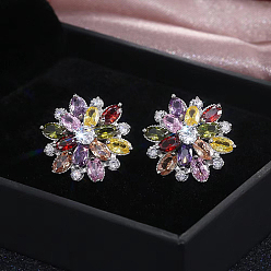 Colorful Brass Micro Pave Cubic Zirconia Stud Earrings, Flower, Colorful, 20mm