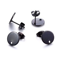 Black 304 Stainless Steel Stud Earring Findings, with Loop and Flat Plate, Ear Nuts/Earring Backs, Flat Round, Electrophoresis Black, 10x1mm, Hole: 1.2mm, Pin: 0.8mm