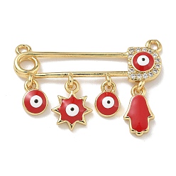 (123L) Белый крем непрозрачный блеск Стойка покрытие латунь микропаве прозрачный кубический цирконий с эмалированными соединителями подвески, долговечный, без свинца и без кадмия, реальный 18 k позолоченный, брошь в виде руки и плоской круглой формы с изображением солнца и хамсы, огнеупорный кирпич, 20x30x3 мм, отверстие : 1.4 мм