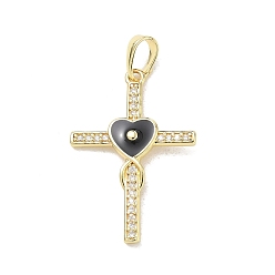 Black Brass Micro Pave Clear Cubic Zirconia Pendants, with Enamel, Cross with Heart Charms, Rack Plating, Long-Lasting Plated, Cadmium Free & Lead Free, Real 18K Gold Plated, Black, 23x29.5x3.5mm, Hole: 3.5x5.5mm