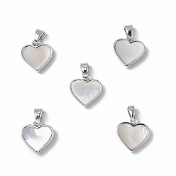 Platinum Brass Charms, with Freshwater Shell, Nickel Free, Heart Charm, Platinum, 12x11.5x3mm, Hole: 5x3mm