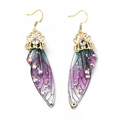 Violet Resin Butterfly Wing Dangle Earrings with Clear Cubic Zirconia, Real 18K Gold Plated Brass Jewelry for Women, Cadmium Free & Lead Free, Violet, 70mm, Pin: 0.7mm
