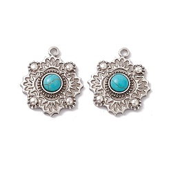 Antique Silver Synthetic Turquoise Pendants, Flower Charms, with Rack Plating Alloy Findings, Antique Silver, 34x29x6.5mm, Hole: 2.5mm