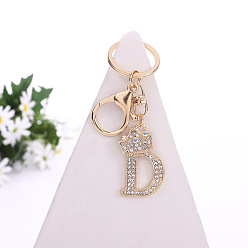 Letter D Crystal Rhinestone Initial Letter with Crown Pendant Keychains, with Light Gold Alloy Findings, Letter.D, 10~10.5cm, alphabet: 40~46x20~45mm