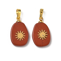 Красный Камень Природные красной яшмы подвески, плоские овальные подвески золотистого оттенка 304 солнечные пластины из нержавеющей стали и латунные застежки-кнопки, 19~20.5x12~12.3x3.5~4 мм, отверстие : 6x3 мм