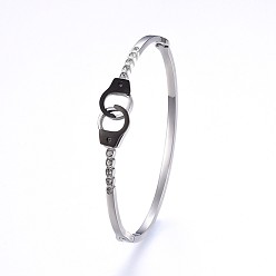 Gunmetal & Stainless Steel Color 304 Stainless Steel Bangles, with Rhinestone, Handcuffs, Gunmetal & Stainless Steel Color, 2-1/4 inch(5.8cm)x1-7/8 inch(4.9cm), 2.5~10mm