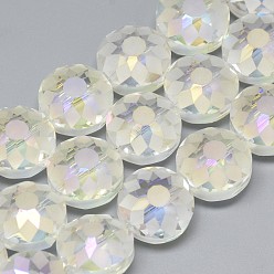 Clear AB Electroplate Glass Beads Strands, Frosted, Rainbow Plated, Faceted, Flat Round, Clear AB, 14x8~10mm, Hole: 1.5mm, about 50pcs/strand, 26.77 inch