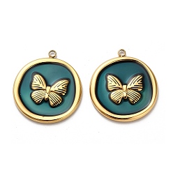 чирок 304 подвески из нержавеющей стали, плоские круглые с бабочкой, с эмалью, реальный 18 k позолоченный, ионное покрытие (ip), зелено-синие, 27x24x2 мм, отверстие : 1.8 мм