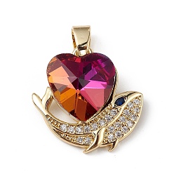 Cerise Real 18K Gold Plated Rack Plating Brass Micro Pave Cubic Zirconia Pendants, with Glass, Long-Lasting Plated, Cadmium Free & Lead Free, Heart & Whale, Cerise, 19x19x8mm, Hole: 5x3mm