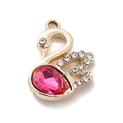 Medium Violet Red UV Plating Alloy Pendants, with Crystal Rhinestone and Glass, Golden, Swan Charms, Medium Violet Red, 19.5x15x5mm, Hole: 1.5mm