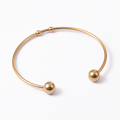 Golden Fashion 304 Stainless Steel Cuff Bangles Torque Bangles, End with Immovable Round Beads, Golden, 50~65mm