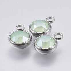 Light Green K9 Glass Pendants, with 304 Stainless Steel Findings, Faceted, Flat Round, Stainless Steel Color, Light Green, 13.5x10x6mm, Hole: 2.5mm
