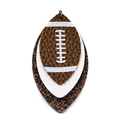 White Rugby Ball Pattern Imitation Leather Pendant, with Iron Jump Ring, Triple Leaf, White, 65~65.5x34~35x3~4.5mm, Hole: 5mm