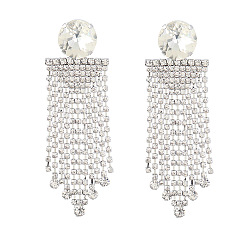 silver Sparkling Rhinestone Tassel Earrings for Women - Long Chain Circle Glass Gems Dangle Ear Jewelry