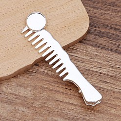 Silver Brass Comb with Flat Round Cabochon Settings, Steel Alligator Hair Clips, Vintage Decorative Hair Accessories Findings, Silver, 60x13mm, Tray: 12mm