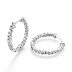 Platinum Brass Micro Pave Clear Cubic Zirconia Huggie Hoop Earrings, Ring Shape, Platinum, 24x2.5~3mm, Pin: 0.8mm
