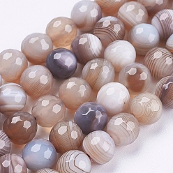 Tan Natural Striped Agate/Banded Agate Beads Strands, Round, Faceted, Dyed, Tan, 8mm, Hole: 1mm, about 47~48pcs/strand, 14.8~15.1 inch(37.7~38.5cm)
