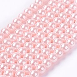 Pink Brins de perles de verre teints écologiques, Grade a, ronde, cordon en coton fileté, rose, 6mm, Trou: 1.2~1.5mm, Environ 70 pcs/chapelet, 15.7 pouce