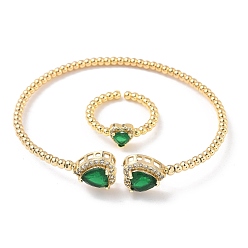 Темно-Зеленый Комплекты браслетов и колец из латуни с микропаве из кубического циркония для женщин, стойки покрытие, реальный 18 k позолоченный, темно-зеленый, браслет: 3~12ширина мм, внутренний диаметр: 61x50 мм