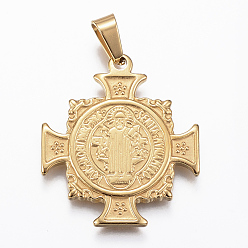 Golden 304 Stainless Steel Pendants, Cross with Saint Benedict Medal, Golden, 28.5x25x2mm, Hole: 4x6mm