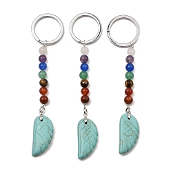Synthetic Turquoise Dyed Synthetic Turquoise Feather Keychain, with Chakra Gemstone Bead and Platinum Tone Rack Plating Brass Findings, 11.4cm