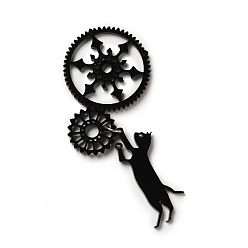 Black Printed Acrylic Big Pendants, with Iron Ring, Gear with Cat Charm, Black, 80x33.5x2.5mm, Hole: 1.2mm