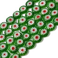 Зеленый Ручной Millefiori стеклянные плоские круглые нити бисера, один цветочный дизайн, зелёные, 10x3.5~4 мм, отверстие : 1 мм, около 38 шт / нитка, 14.17'' (36 см)