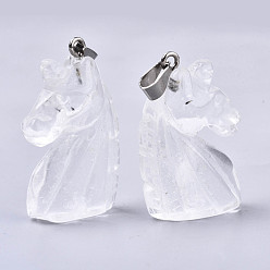 Quartz Crystal Carved Natural Quartz Crystal Pendants, Rock Crystal Pendants, with Stainless Steel Bails, Unicorn, Stainless Steel Color, 38~41x11~14x24~25mm, Hole: 9x4mm