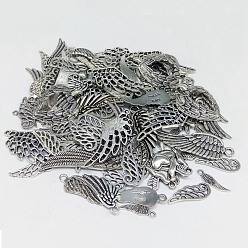 Antique Silver Alloy Pendant, Mixed Style Wing, Antique Silver, 10~60mm, 100g/bag