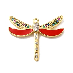 Crimson Rack Plating Brass Cubic Zirconia Pendants, with Enamel, Long-Lasting Plated, Lead Free & Cadmium Free, Real 18K Gold Plated, Dragonfly, Crimson, 25.5x30x3mm, Hole: 1.6mm