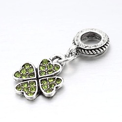 Jonquil Large Hole Clover Alloy Enamel European Dangle Charms, Antique Silver, Green, 24mm, Hole: 5mm