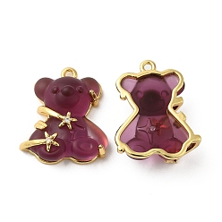Purple Transparent Resin Crystal Rhinestone Pendants, Bear Charms, with Rack Plating Real 18K Gold Plated Brass Findings, Long-Lasting Plated, Cadmium Free & Lead Free, Purple, 23.5x20.5x9mm, Hole: 1.6mm
