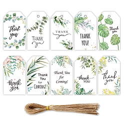 White 50Pcs 10 Styles Rectangle Paper Thank You Hanging Gift Tags, Floral Print Gift Tags with Hemp Cord, for Party Gift Packaging, White, 7x4cm, 5pcs/style