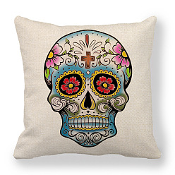 Flower Flax Pillow Covers, Bohemian Style Sugar Skull Pattern Cushion Cover, for Couch Sofa Bed, Square, Flower Pattern, 450x450mm