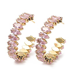 Pearl Pink Cubic Zirconia Round Stud Earrings, Rack Plating Real 18K Gold Plated Brass Half Hoop Earrings for Women, Lead Free & Cadmium Free, Pearl Pink, 35x8mm