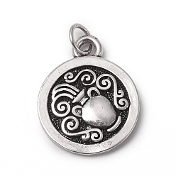 Aquarius Brass Pendants, with Jump Rings, Long-Lasting Plated, Flat Round with 12 Constellation/Zodiac Sign, Antique Silver, Aquarius, 18.5x15x2mm, Jump Ring: 5x0.7mm, Inner Diameter: 3.6mm