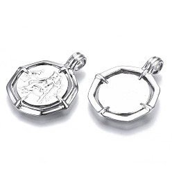 Real Platinum Plated Brass Pendants, Nickel Free, Octagon with Human, Real Platinum Plated, 27x21x1.5mm, Hole: 3x4mm