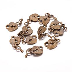 Antique Bronze Tibetan Style Alloy Pendants, Lead Free and Cadmium Free, Heart and Key, Heart: 15x12.5x2mm, Hole: 3.5mm, Key: 12x5.5x1mm
